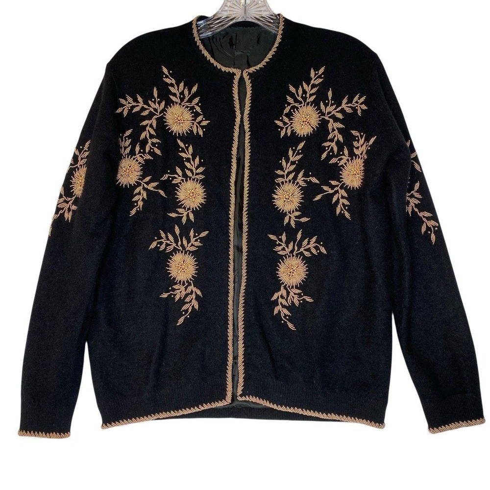 Vintage Wool Alpaca Knit Cardigan M Black Gold Beaded Floral Glam Party Evening
